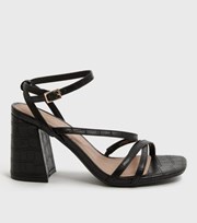 New Look Black Faux Croc Strappy Flared Block Heel Sandals